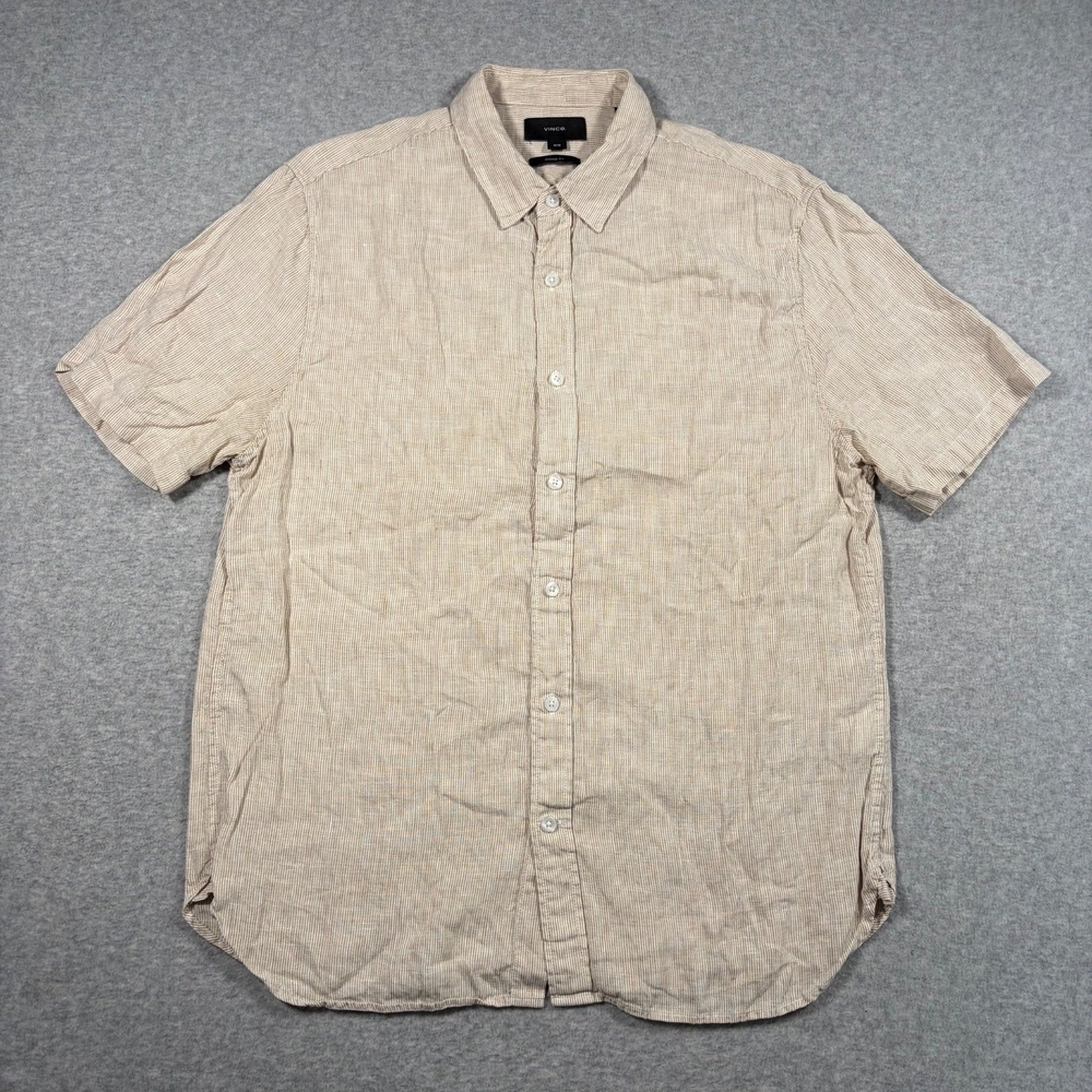 Vince Button Down Shirt Mens Medium Tan Striped Short Sleeve Classic Fit Linen